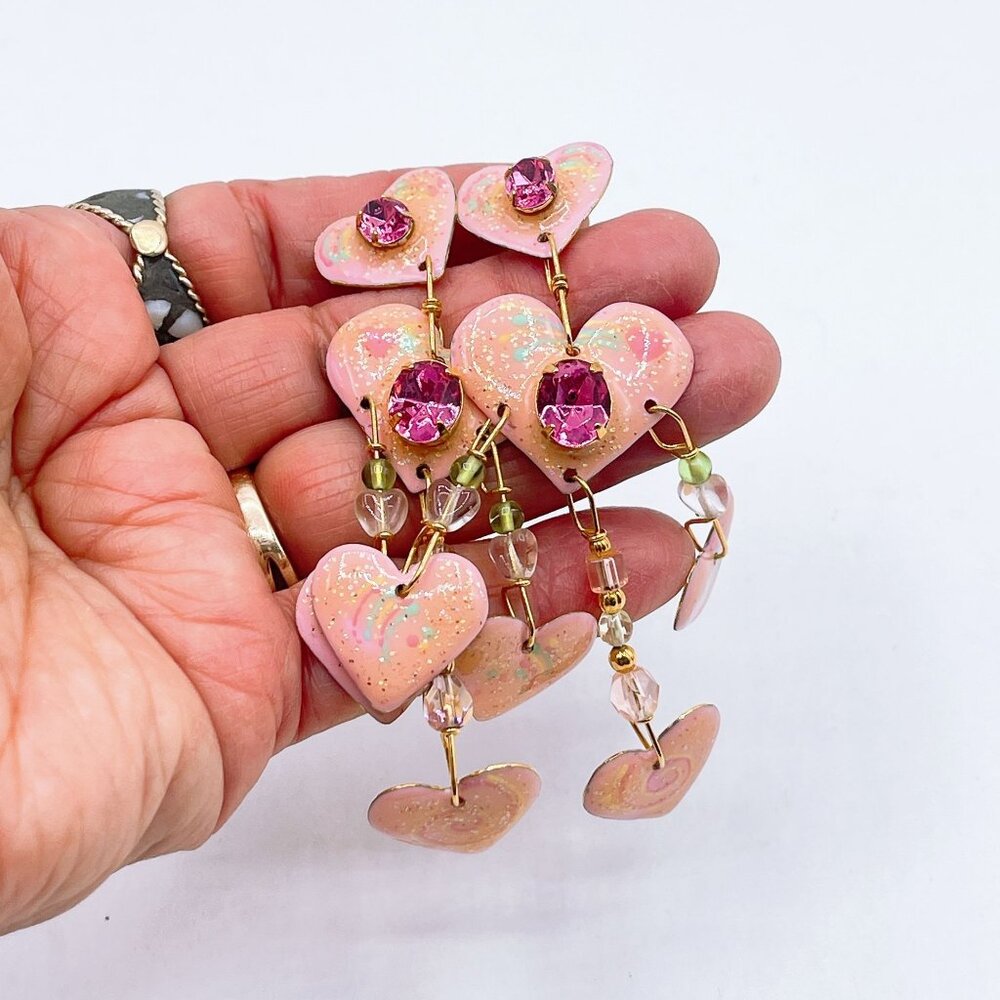 Lunch At The Ritz Pink Heart Dangle Earrings W/ Rhinestones & Beads Gold Tone Ba - Picture 3 of 7